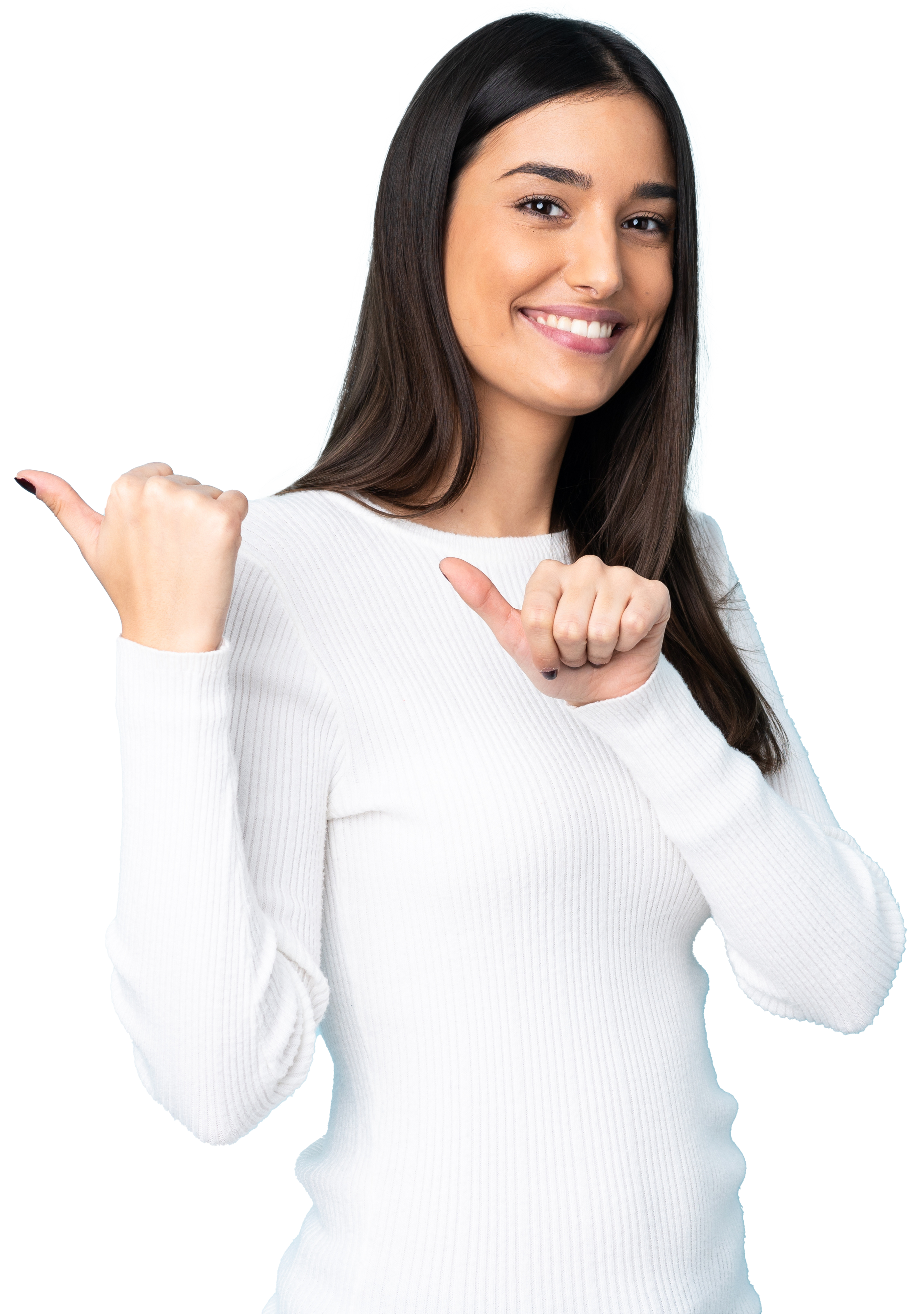 woman with olive skin and dark hair smiling and pointing with her thumbs