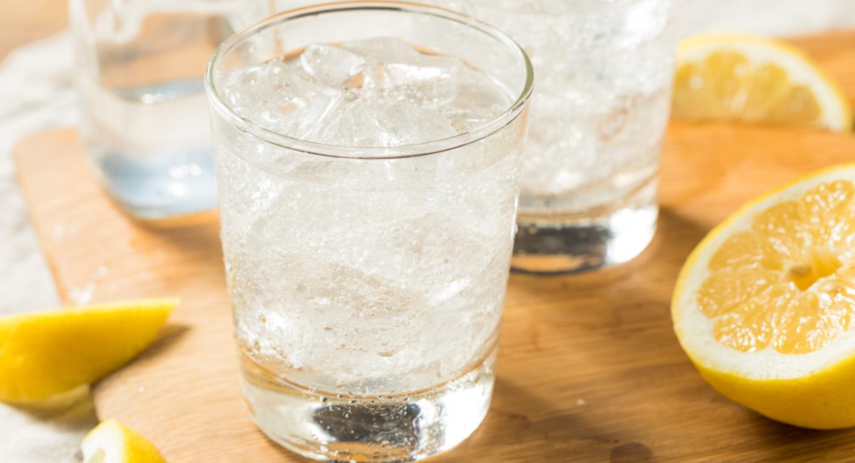 Healthy Refreshing Sparkling Lemon Water with Ice Cubes